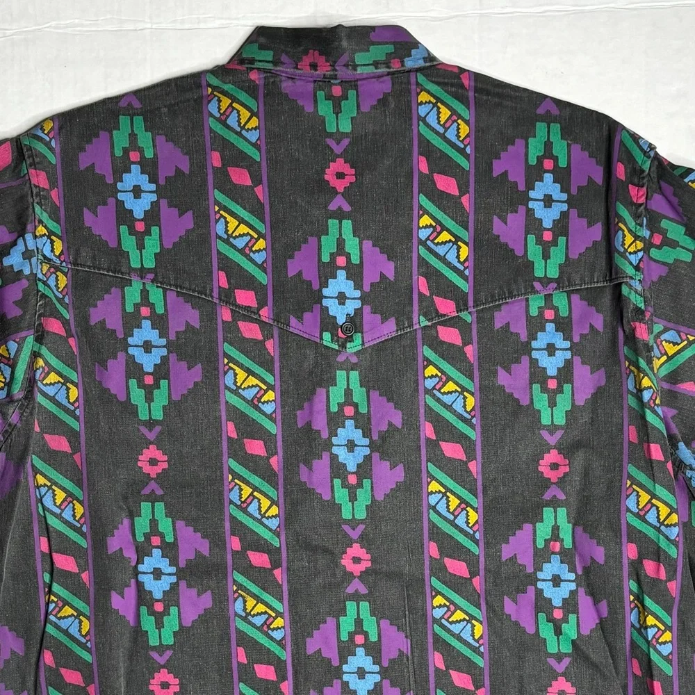Vintage Wrangler Brushpopper Aztec Western Cowboy Shirt Size 17.5x35 Thick Black - Picture 6 of 7